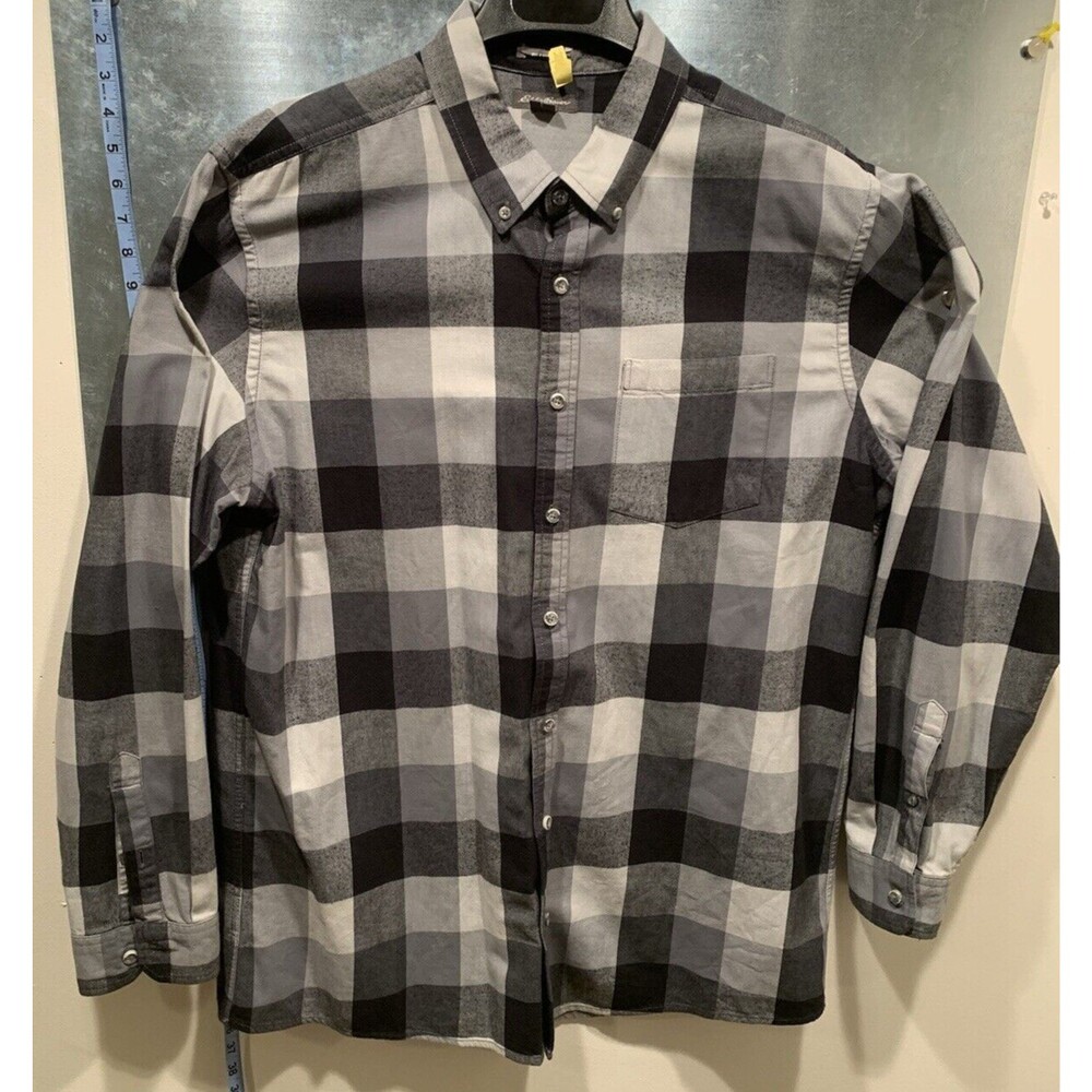 Plaid Button Down TALL XL Eddie Bauer 100% Cotton Chambray Gray/Black 19-35
